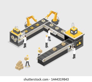 Autonomous, Programmed Production Line With Workers. Modern Factory, Industry Manufacturing Process, Technology Vector Illustration. Product, Gadget Creation Process Isometric 3d Concept