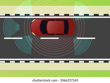 autonome rote Fahrzeugkonzeption auf der Straße, Draufsicht
