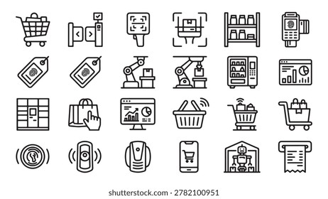 Autonomous retail technology vector iconset showcasing smart shopping carts automated checkout inventory systems and digital payment symbols\n\nAutonomous retail technology vector iconset showcasing smart shopping carts, automated checkout systems, inventory management, warehouse robotics, and digital payment symbols. This icon pack includes 24 detailed vector illustrations depicting futuristic retail solutions like self-checkout terminals, barcode and RFID scanning, automated guided vehicles, data analytics dashboards, and smart delivery logistics. Perfect for presentations, app interfaces, and business reports focused on retail techno