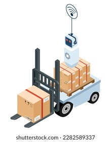 Autonomous robot carry cardboard box on wheels delivers purchases home.  Automated courier delivery service for buying. Technological shipment innovation concept. Vector illustration eps10