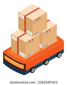 Autonomous robot carry cardboard box on wheels delivers purchases home.  Automated courier delivery service for buying. Technological shipment innovation concept. Vector illustration eps10