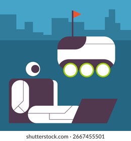 Robô autônomo que fornece bens aos clientes e aplicativo de rastreamento de entrega no laptop e robô de ai. Ilustração de vetor plano.