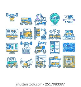 entrega robô autônomo doodle ícones definir vetor. esboço linha arte tecnologia transporte, indústria autônoma, veículo, transporte, automatizado autônomo robô entrega cor ilustrações