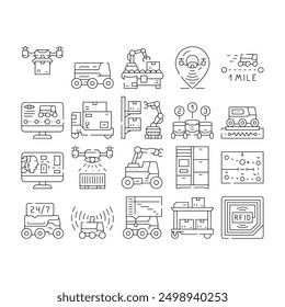 autonomous robot delivery icons set vector. technology transport, autonomous industry, vehicle, transportation, automated autonomous robot delivery black contour illustrations