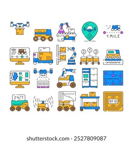 Autonome Roboter Lieferung Icons setzen Vektor. Technologie Transport, autonome Industrie, Fahrzeug, Transport, automatisierte autonome Roboter Lieferung Farbe Kontur Illustrationen