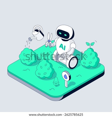 Autonomous Robot Gardener waters plants and trims Bushes. Smart Ai monitors soil moisture with sensors. Sustainable technology improves eco friendly garden maintenance. Isometric vector illustration