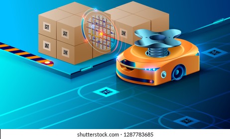 Autonomous Robot, Guided of Artificial Intelligence on Automated Warehouse. Smart Drone Distributes Parcels in the Logistics Center. Automated Complete Set on Modern Storehouse.