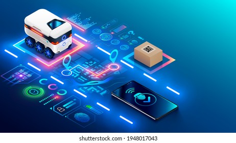 Autonome Roboter auf Rädern liefern nach Hause. Die automatische Drop-Rover-Route auf Stadtplan zu Käufer. Automatisierter Kurierdienst für Einkäufe. Sendungsverfolgung der Bestellung auf dem Handy.