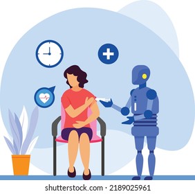 Robot autónomo realiza su primer diseño de vectores de inyección intramuscular, símbolo de medicina robótica, letrero de escena de salud, trabajos de inteligencia artificial de innovación en población clínica moderna 