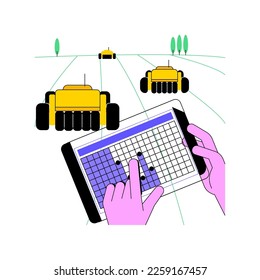 Ilustraciones autónomas de vectores de dibujos animados aislados. Los controles de los agricultores se siembran con tableta, la industria agrícola, la tecnología moderna, la agricultura inteligente, mejorar la cartografía de los vectores de rendimiento.