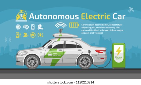 Autonomous self drive electric car vector mockup with charge station, icon and city background.