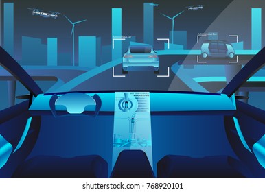 Autonomous self driving car with head up display on the road. Future concept. Vector illustration EPS 10