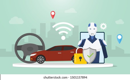autonomous self driving car technology concept with cars and icon wifi robot to drive with modern flat style - vector