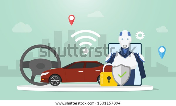 autonomous self\
driving car technology concept with cars and icon wifi robot to\
drive with modern flat style -\
vector