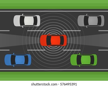 Autonomous self driving car, vehicle or automobile with lidar and radar flat vector illustration