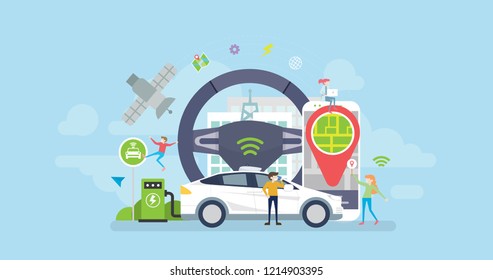 Autonomous Self Driving Eco Friendly Hybrid Electric Car Tiny People Character Concept Vector Illustration, Suitable For Wallpaper, Banner, Background, Card, Book Illustration, And Web Landing Page