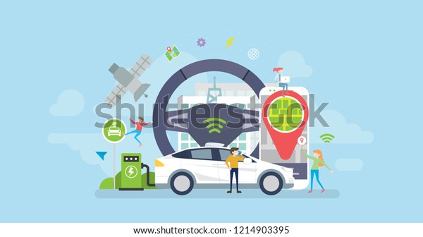 Autonomous Self Driving Eco Friendly Hybrid Electric\
Car Tiny People Character Concept Vector Illustration, Suitable For\
Wallpaper, Banner, Background, Card, Book Illustration, And Web\
Landing Page