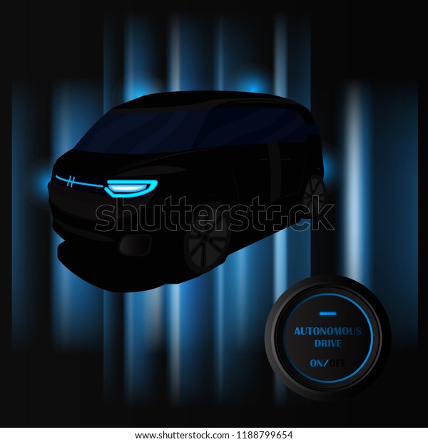 Autonomous Self driving intelligent\
driverless car vector , \
\
black button with a glowing blue\
