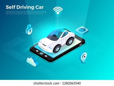 Autonomous self-driving Automobile sensors Smart Car Driverless vehicle technology. Vector illustrate.