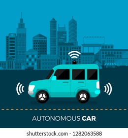 Autonomous self-driving Automobile sensors Smart Car Driverless vehicle technology. Vector illustrate.