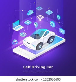 Autonomous self-driving Automobile sensors Smart Car Driverless vehicle technology. Vector illustrate.
