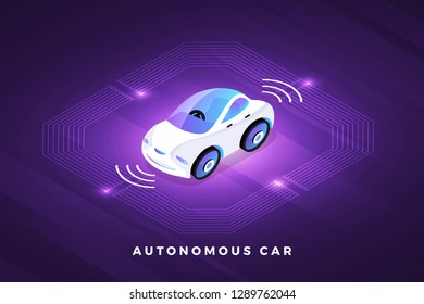 Autonomous self-driving Automobile sensors Smart Car Driverless vehicle technology. Vector illustrate.