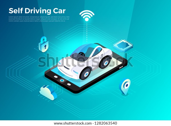 Autonomous self-driving\
Automobile sensors Smart Car Driverless vehicle technology. Vector\
illustrate.