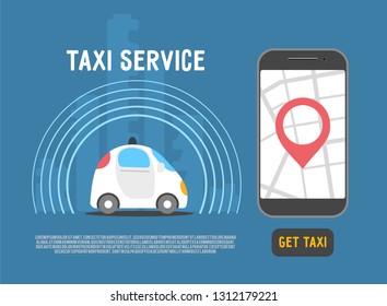 Autonomous self-driving automobile. Smartphone with application for taxi service with map and geo pin. Sensors smart car. Driverless vehicle vector illustration.