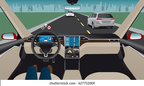 Autonomous self-driving car with head up display, navigation and digital speedometer is on the road. Inside view. Vector illustration