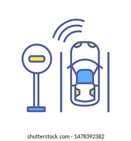 Autonomous self-driving car is recognizing road signs color line icon.  Smart driverless auto. Pictogram for web page, mobile app. UI/UX/GUI design element. Editable stroke.