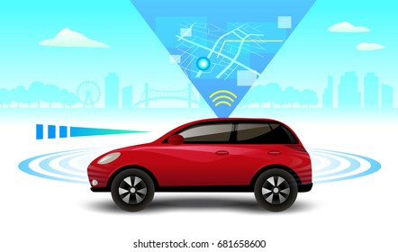 Autonomous self-driving driverless car. car side view with radar vector illustration.