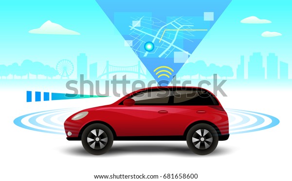 Autonomous self-driving driverless car. car\
side view with radar vector\
illustration.