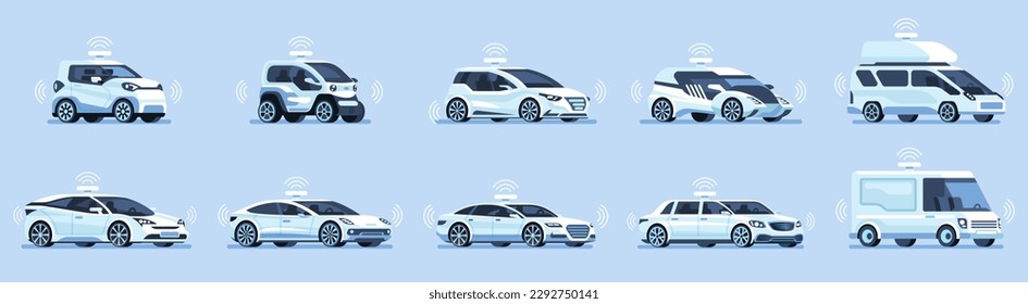 Autonomous self-driving Smart Car set. Driverless vehicle Vector illustration