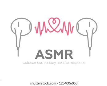 Autonomous sensory meridian response, ASMR logo or icon. Earphones, heart shape and sound waves as a symbol of enjoying sounds, whisper or music. Vector illustration flat line style