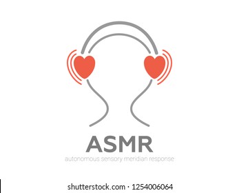 Autonomous sensory meridian response, ASMR logo or icon. Head with heart shaped headphones, enjoying sounds, whisper or music. Vector illustration flat line style