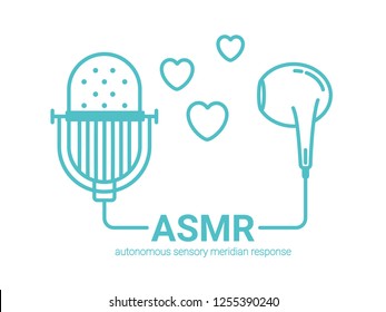 Autonomous sensory meridian response, ASMR logo or icon. Connected microphone and earphones, with hearts as a symbol of enjoying sounds, whisper or music. Vector illustration flat line style