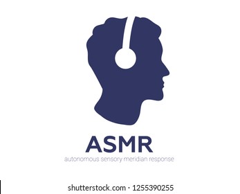 Autonomous sensory meridian response, ASMR logo or icon. Male head profile with headphones, enjoying sounds, whisper or music. Vector illustration flat line style