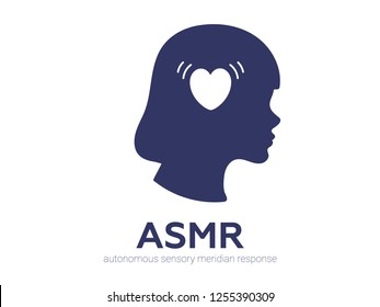 Autonomous sensory meridian response, ASMR logo or icon. Female head profile with heart shaped headphones, enjoying sounds, whisper or music. Vector illustration flat line style