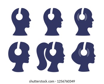 Autonomous sensory meridian response, ASMR logo or icon. Male and female head profiles set with heart shaped headphones, enjoying sounds, whisper or music. Vector illustration flat line style