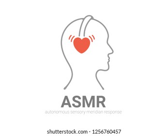 Autonomous sensory meridian response, ASMR logo or icon. Head with heart shaped headphones, enjoying sounds, whisper or music. Vector illustration flat line style