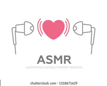 Autonomous sensory meridian response, ASMR logo or icon. Earphones, heart shape and sound waves as a symbol of enjoying sounds, whisper or music. Vector illustration flat line style