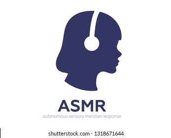 Autonomous sensory meridian response, ASMR logo or icon. Female head profile with headphones, enjoying sounds, whisper or music. Vector illustration flat line style