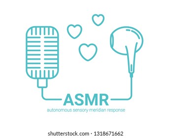 Autonomous sensory meridian response, ASMR logo or icon. Connected microphone and earphones, with hearts as a symbol of enjoying sounds, whisper or music. Vector illustration flat line style