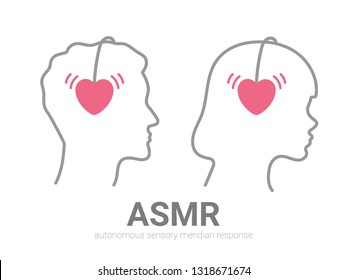 Autonomous sensory meridian response, ASMR logo or icon. Male and female head profiles set with heart shaped headphones, enjoying sounds, whisper or music. Vector illustration flat line style