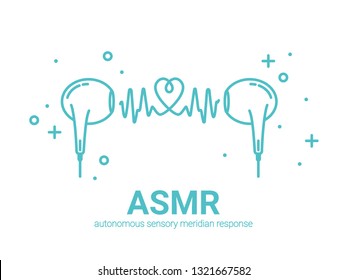 Autonomous sensory meridian response, ASMR logo or icon. Earphones, heart shape and sound waves as a symbol of enjoying sounds, whisper or music. Vector illustration flat line style