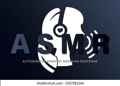 Autonomous sensory meridian response, ASMR logo or icon. Female head profile with heart shaped headphones, enjoying sounds, whisper or music. Vector illustration flat line style