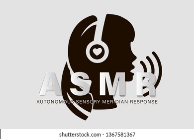 Autonomous sensory meridian response, ASMR logo or icon. Female head profile with heart shaped headphones, enjoying sounds, whisper or music. Vector illustration flat line style