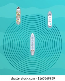 Autonomous ship with radar top view. Self driving boat concept. Self driving water vehicle with radar sensing system. Driverless boat. Vector illustration.