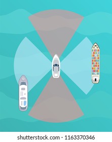 Autonomous ship with radar top view. Self driving boat concept. Self driving water vehicle with radar sensing system. Driverless boat. Vector illustration.