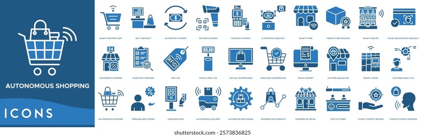 Autonomous Shopping icon. Smart Shopping Cart, Self Checkout, Automated Payment, QR Code Scanner and Cashless Payment